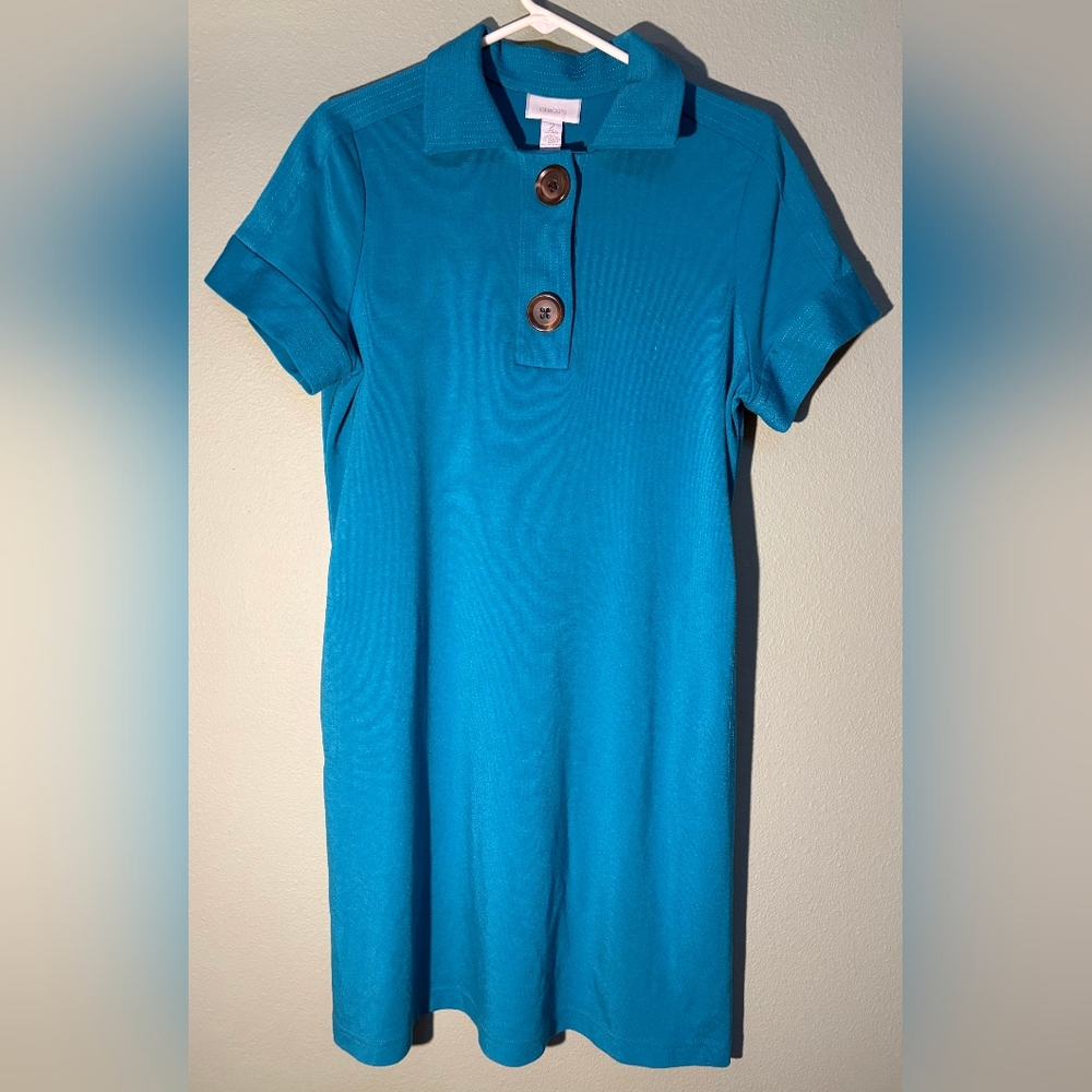 Chico's Short Polo Shirt Dress In Vibrant Blue With Oversized Buttons - Size 2